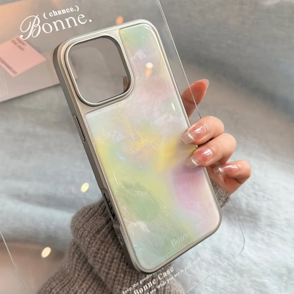 Hard PC phone case with marbling epoxy green pink marble pattern and silver edge for iPhone drop protection