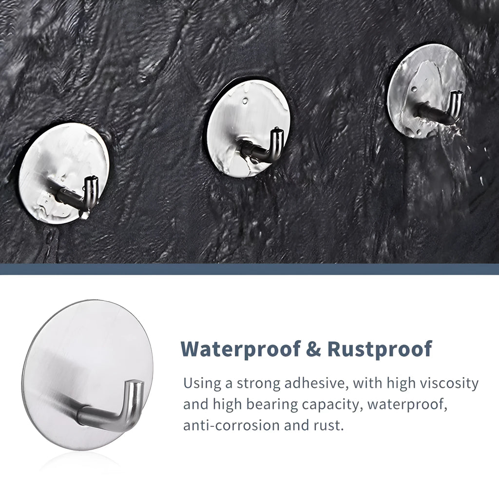 Stainless steel self-adhesive single hook for wall mounting in black and sanded finishes.
