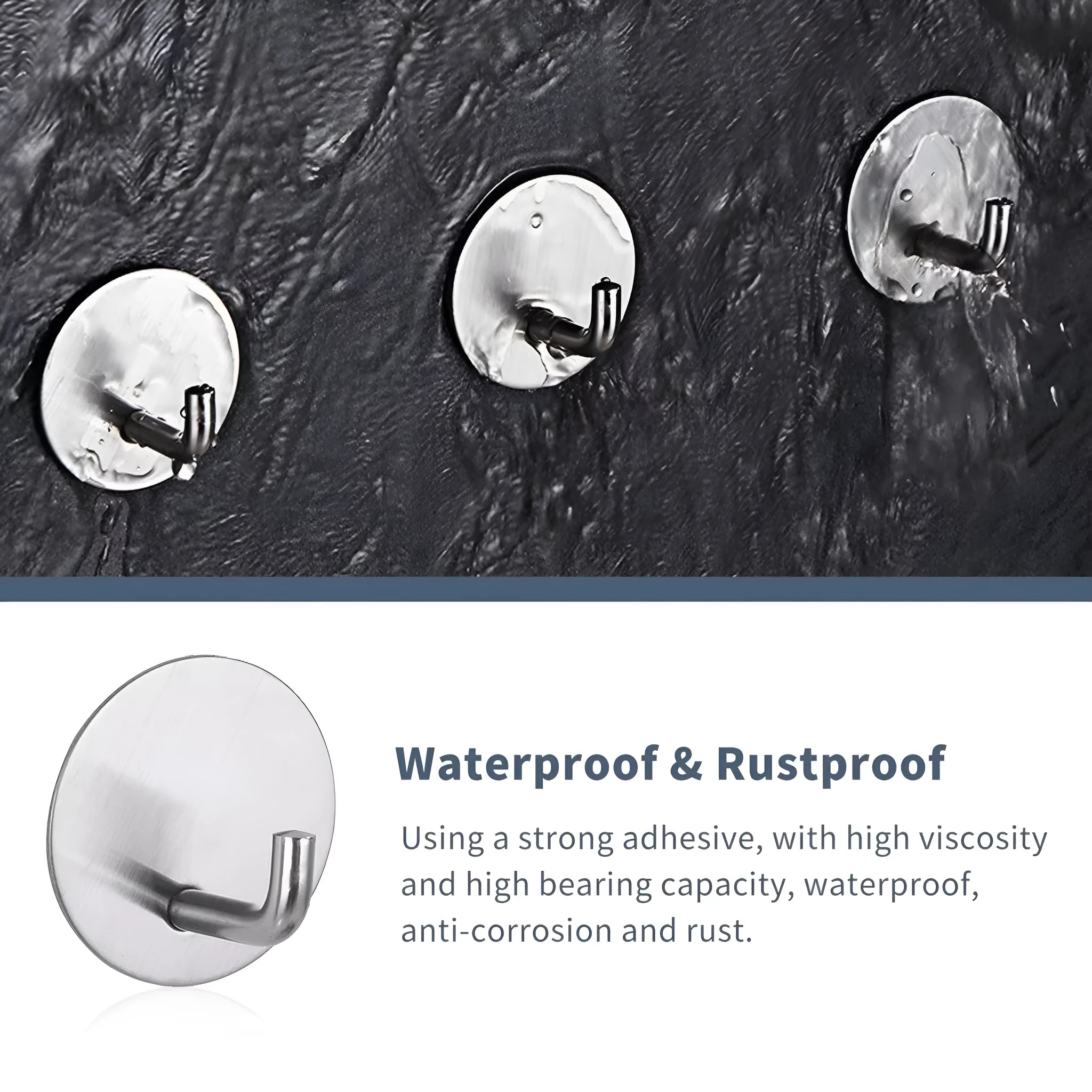 Stainless steel self-adhesive single hook for wall mounting in black and sanded finishes.