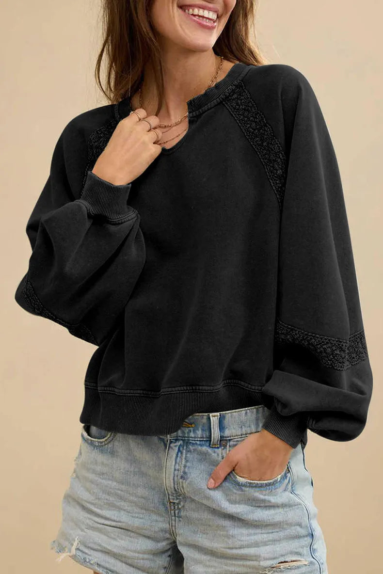 Women's loose fit cotton polyester sweater with half-open collar and decorative lace stitching on long sleeves