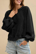Women's loose fit cotton polyester sweater with half-open collar and decorative lace stitching on long sleeves