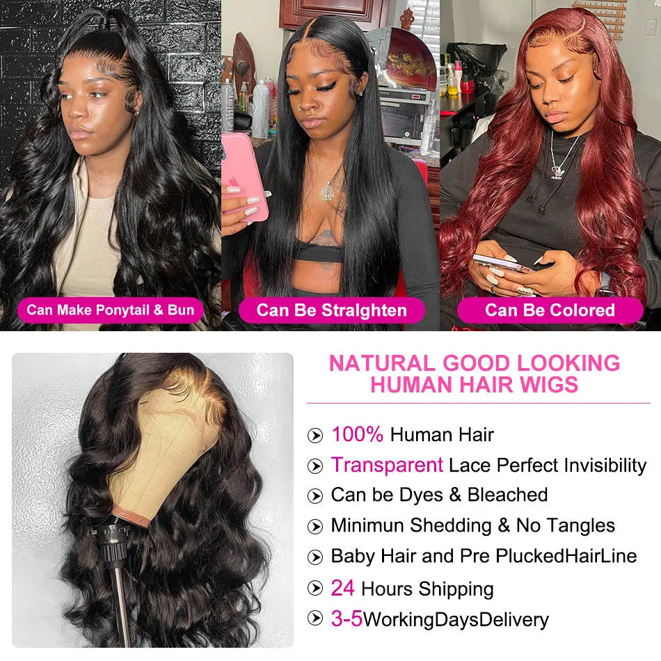 Black synthetic front lace wig with long curly hair and side-swept bangs.