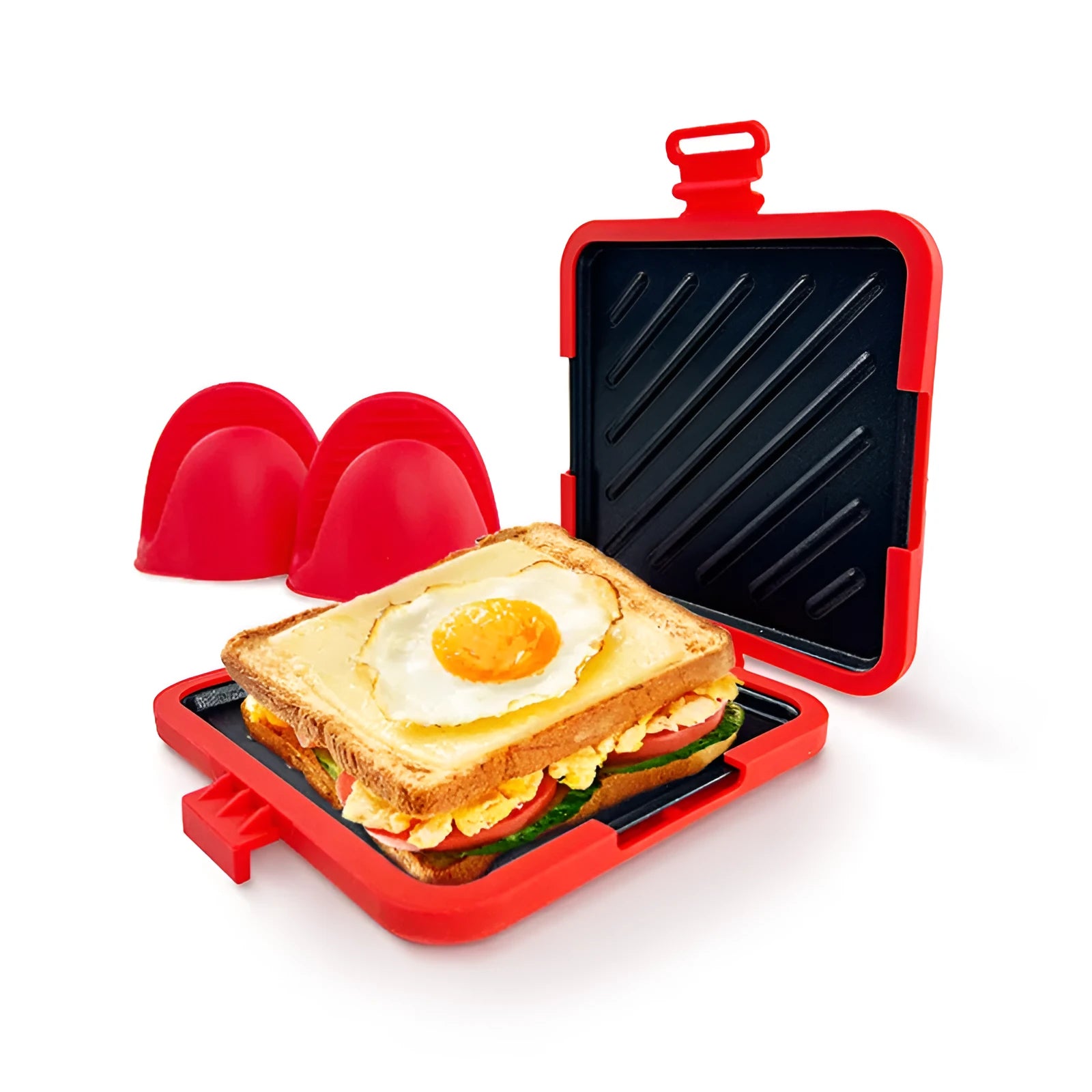 Red silicone baking tray set with matching gloves and hand clamp for oven baking