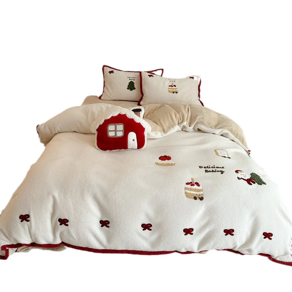 Christmas cartoon bedding four-piece set with xuefu milk pastry pattern on thickened polyester fabric