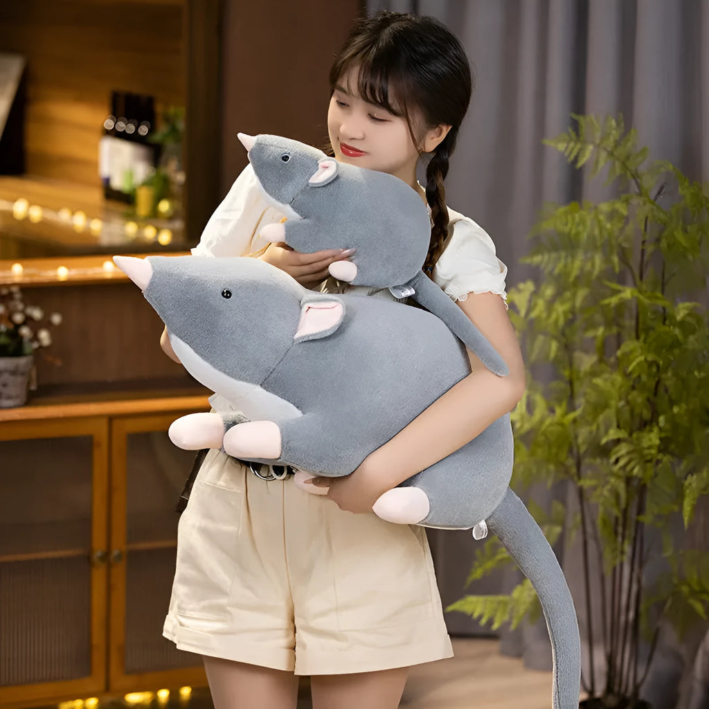 Cartoon mouse plush doll toy in soft fabric with three size options displayed