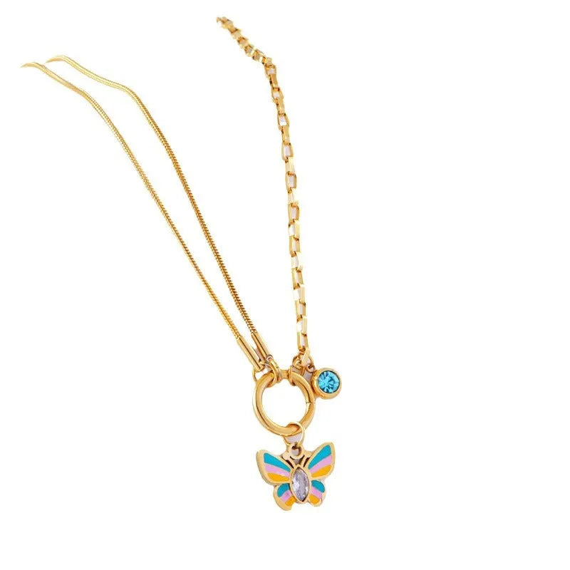 Gold titanium steel butterfly necklace and bracelet set with epoxy pendant and snake bone chain