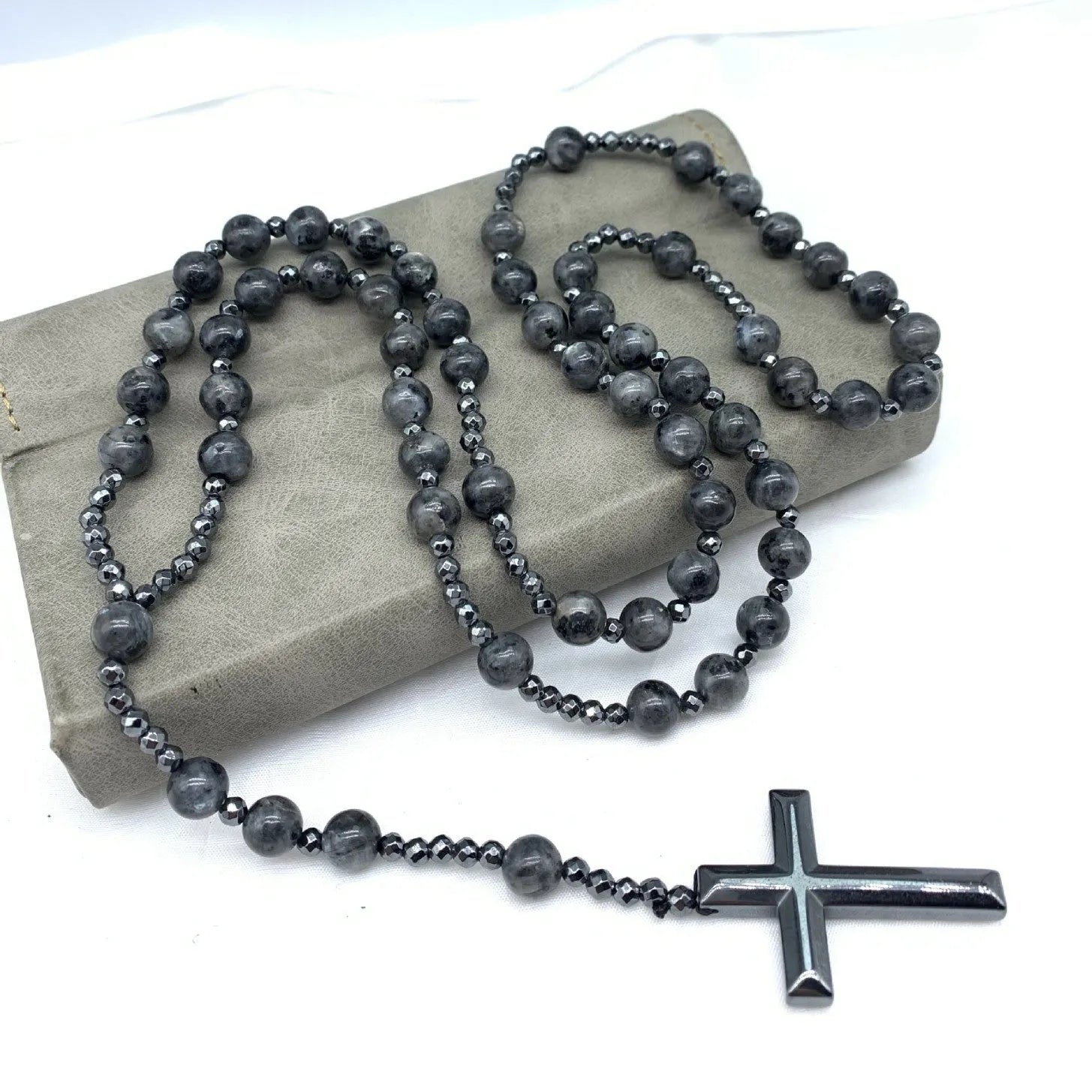 Stone cross pendant necklace on ball bead chain with safety lock clasp