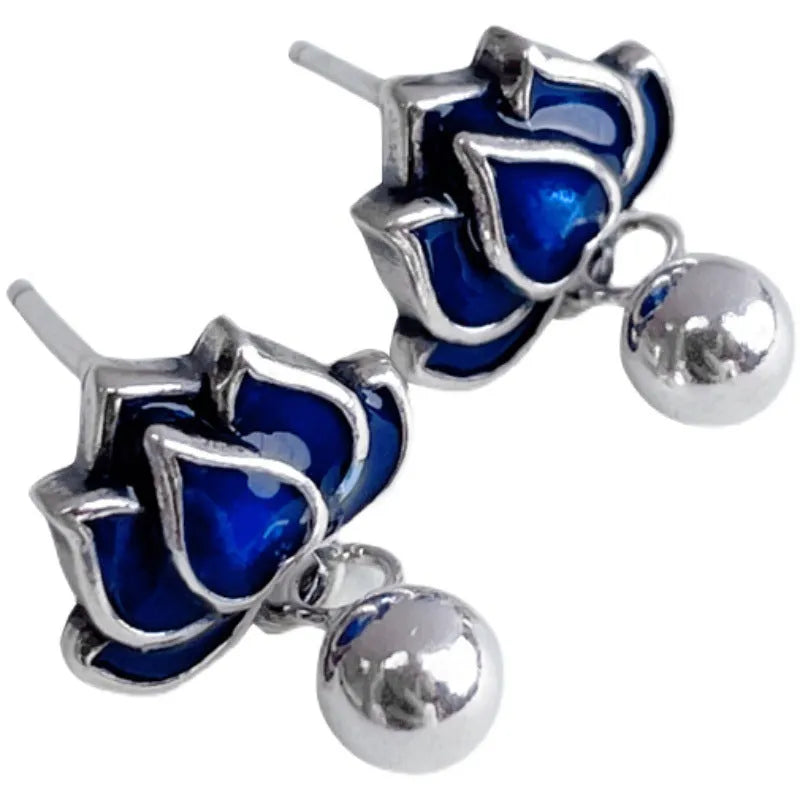Blue lotus earrings with retro lotus seedpod tassel design in silver needle alloy, measuring 1.2cm wide