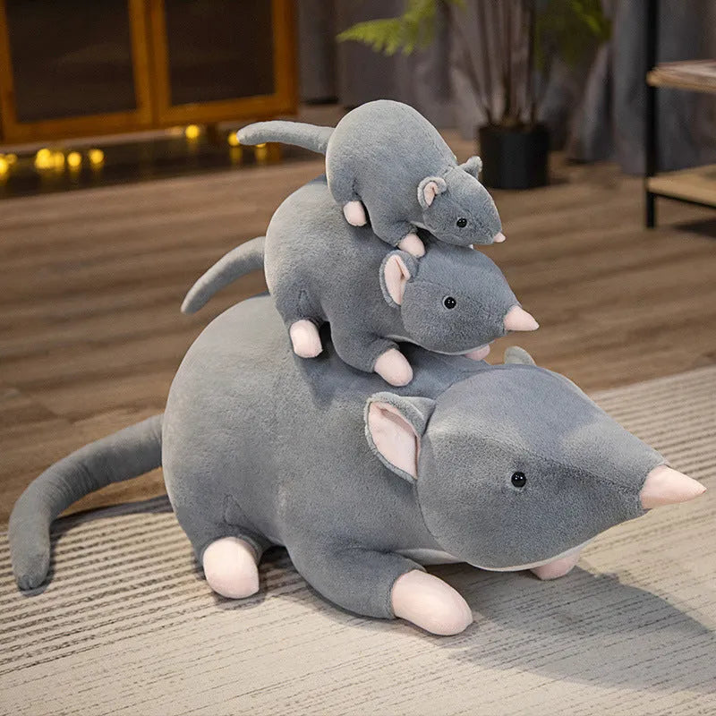 Cartoon mouse plush doll toy in soft fabric with three size options displayed