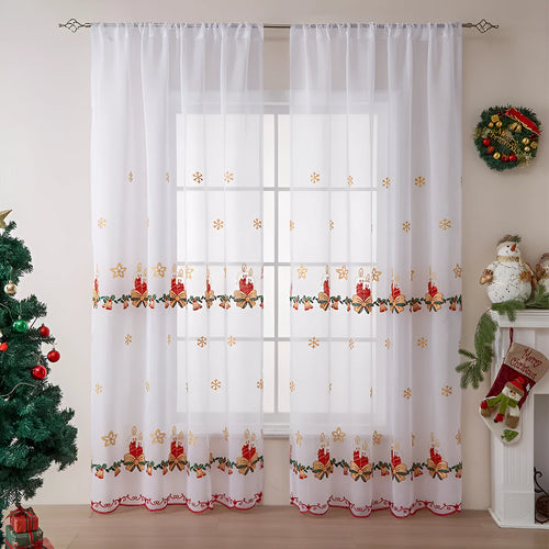 American-style Christmas curtain with white embroidered snowflake design on red polyester fabric.