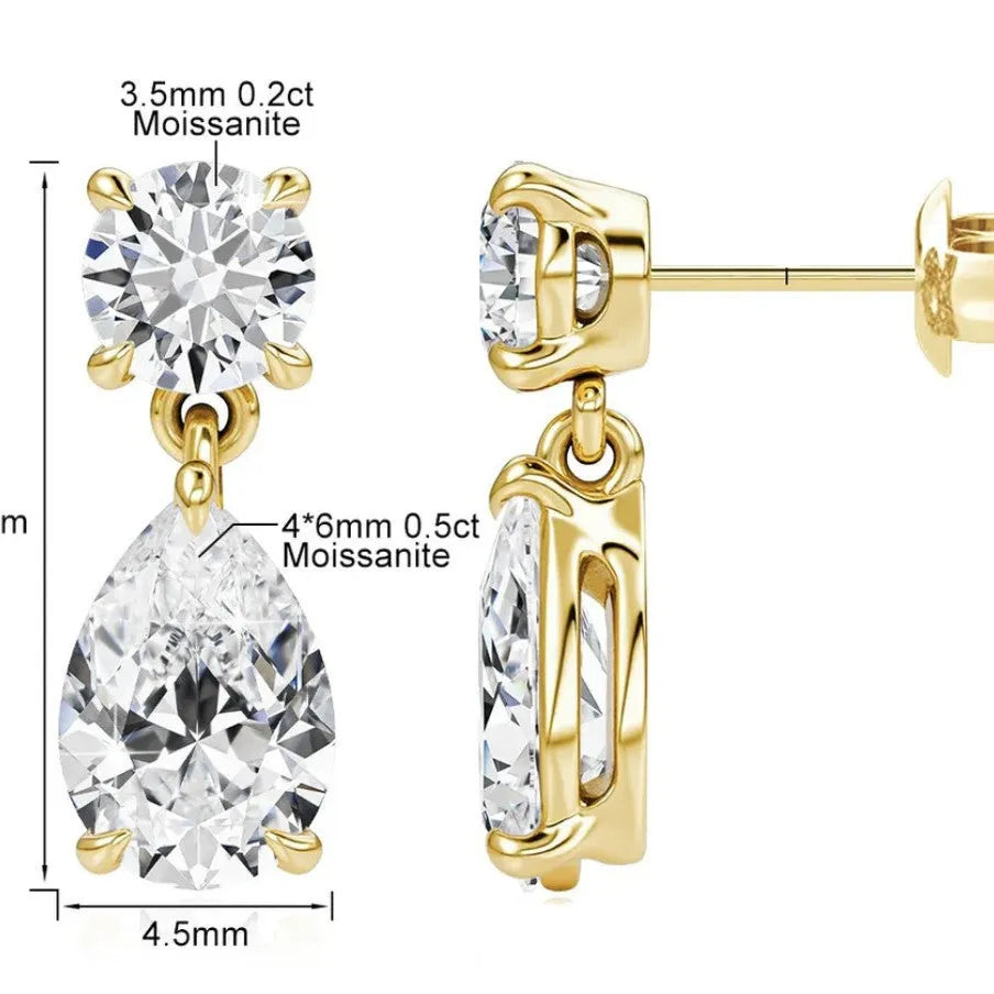 925 sterling silver moissanite stud earrings with round and water drop stones in gold or silver plating