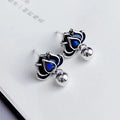 Blue lotus earrings with retro lotus seedpod tassel design in silver needle alloy, measuring 1.2cm wide