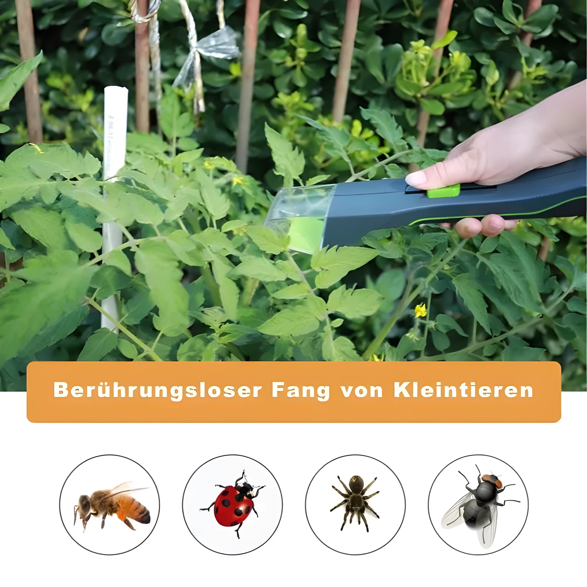 Green handheld plastic insect catcher with soft grip handle for garden pest control