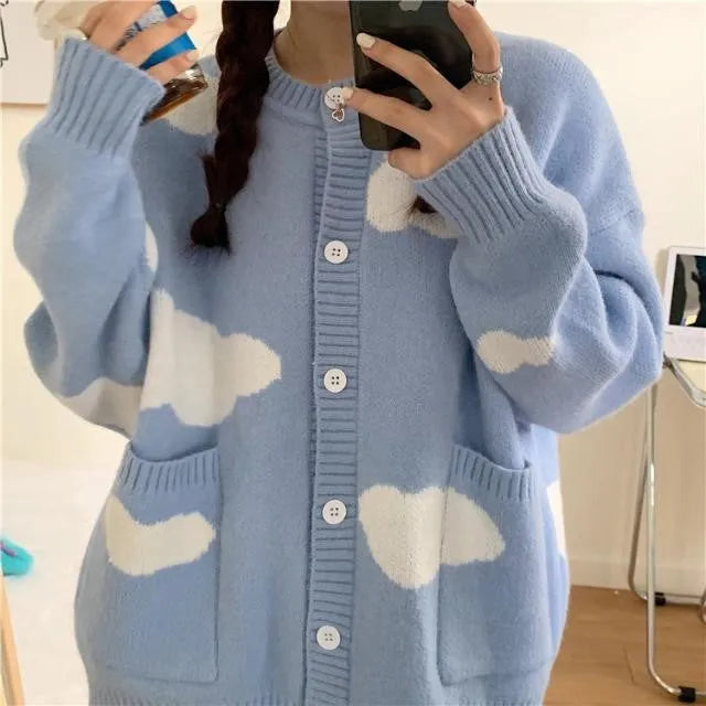 Women's blue cloud pattern spandex cardigan sweater coat with loose fit design