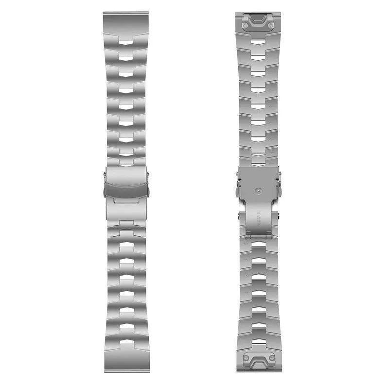 Garmin Fenix Jiaming watch replacement strap in silver, black, and titanium colours showing 22mm and 26mm width options.
