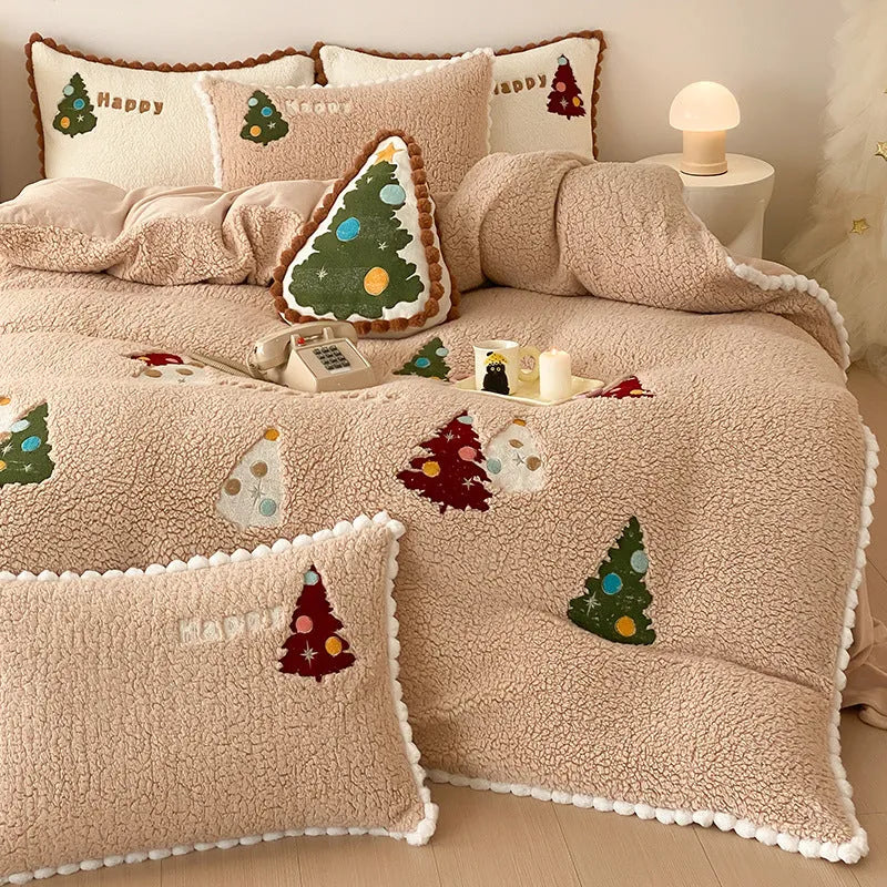 Bright yellow fleece-lined bedding set with winter Christmas cartoon animation pattern