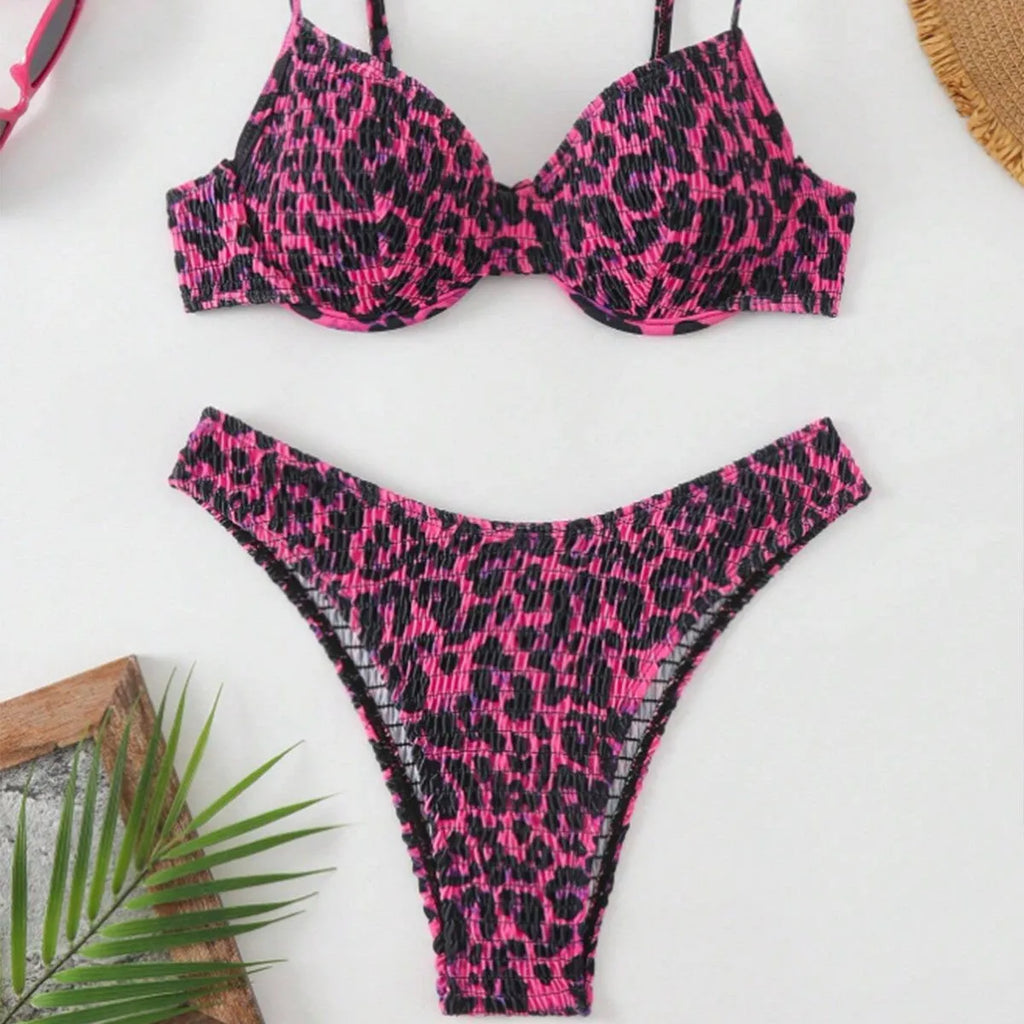 Leopard point bikini swimsuit for women with backless design in brown mixed colour