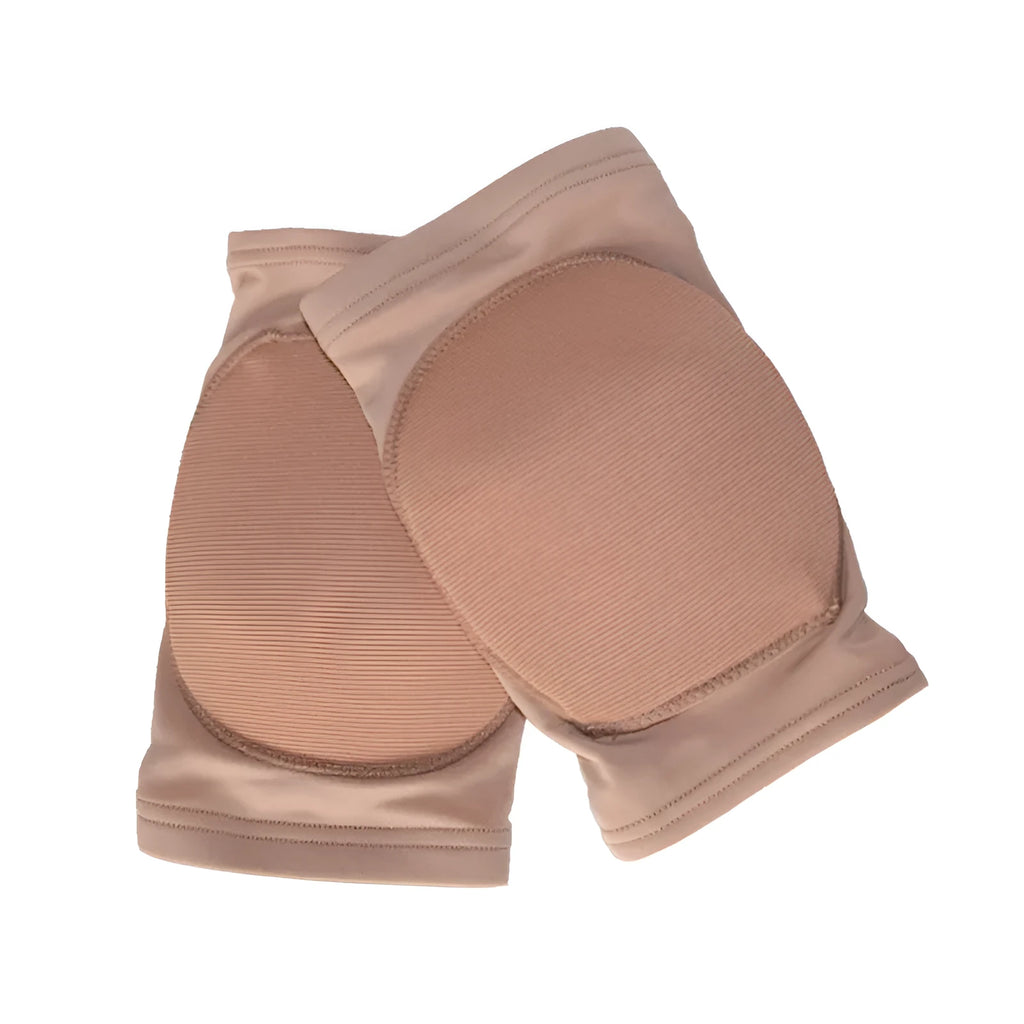 A pair of black knee pads for ballet dance and yoga exercise on a grey background.