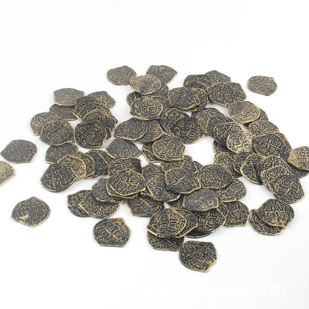 100 plastic Roman coin replicas with electroplated metallic finishes displayed together