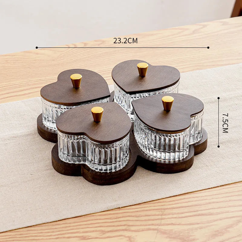 Glass dim sum plate with heart-shaped transparent lids showing solid colour finish