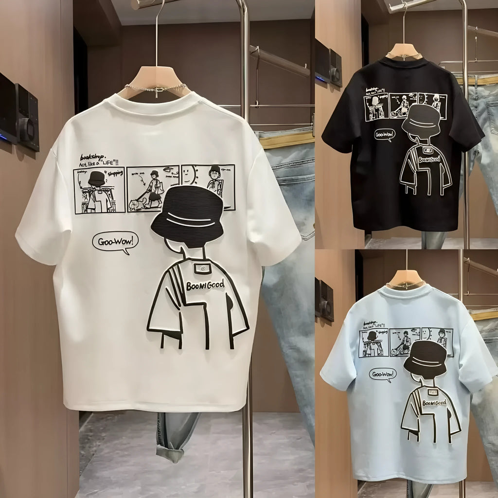 Men's black cotton short sleeve t-shirt with cartoon print design and crew neck