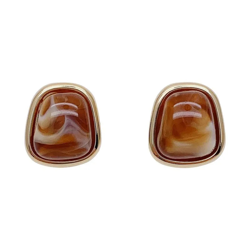 French style geometric pearl earrings with retro quadrilateral metal design in brown, coffee or white