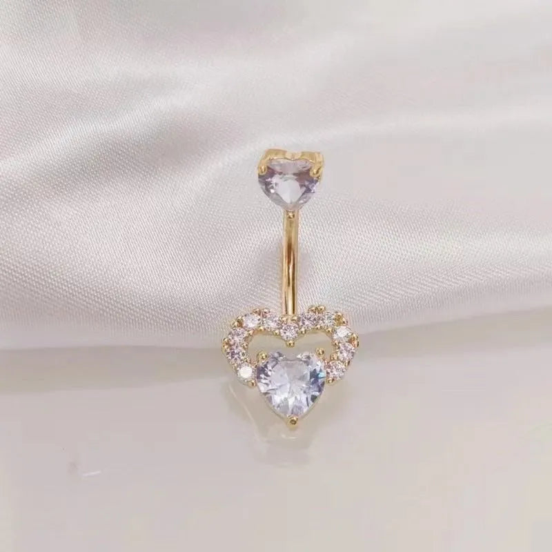 Copper navel stud with heart-shaped zirconium charm in white gold powder finish for women