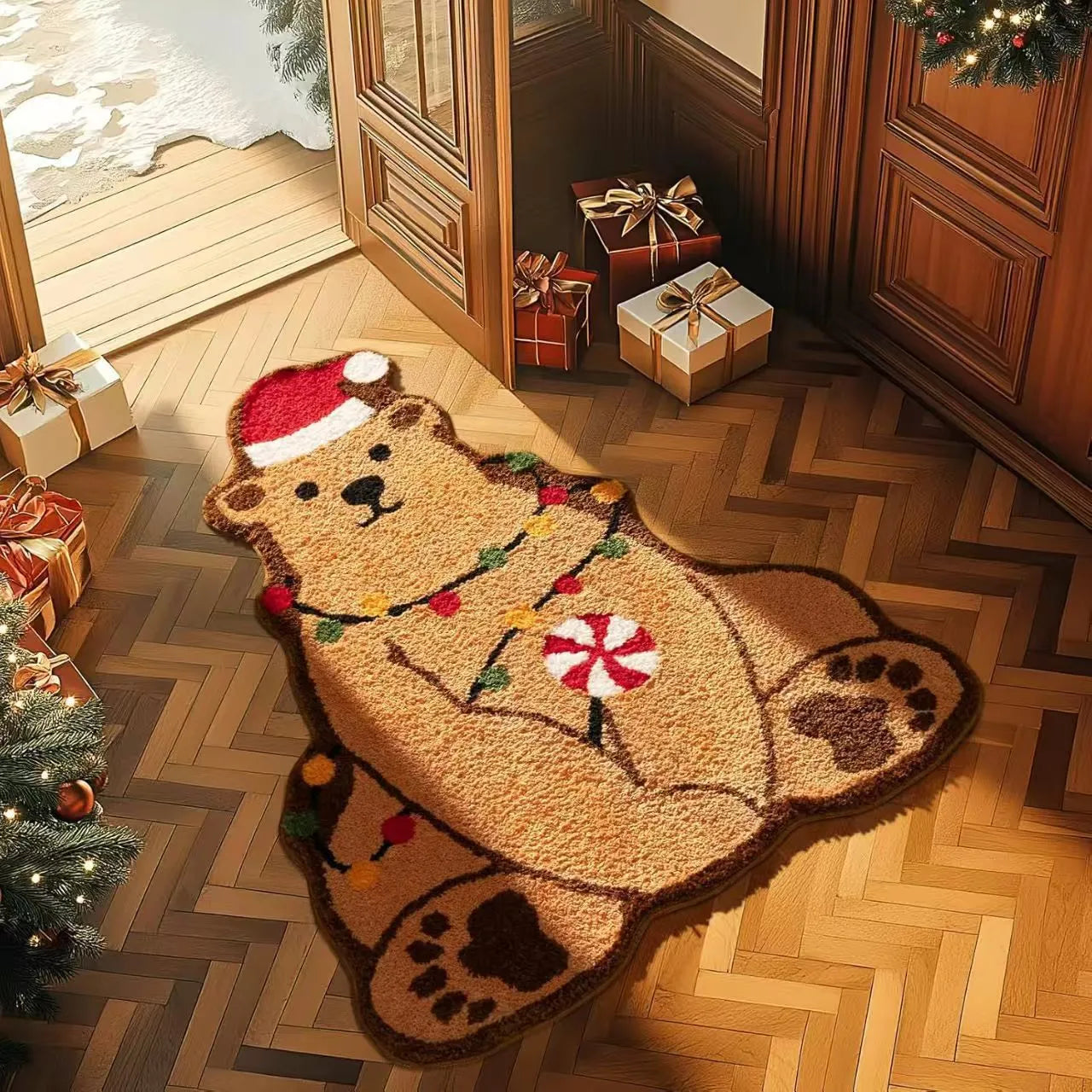 Christmas themed irregular shape hallway mat with festive patterns and anti-slip bottom options
