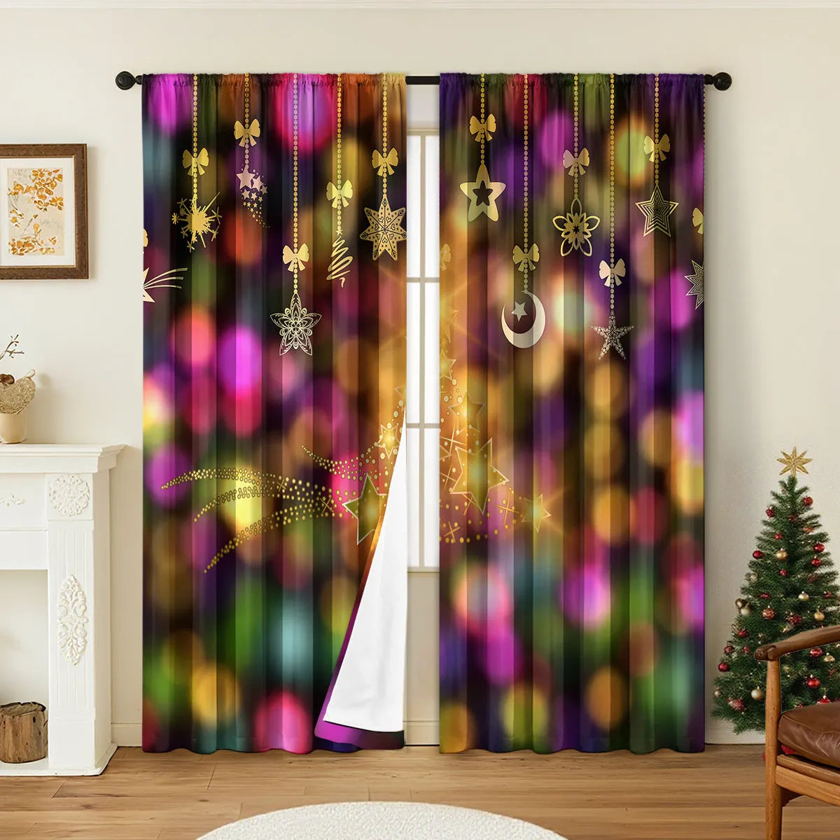 Pair of red and green 3D digitally printed Christmas curtains with festive patterns hanging on a window.