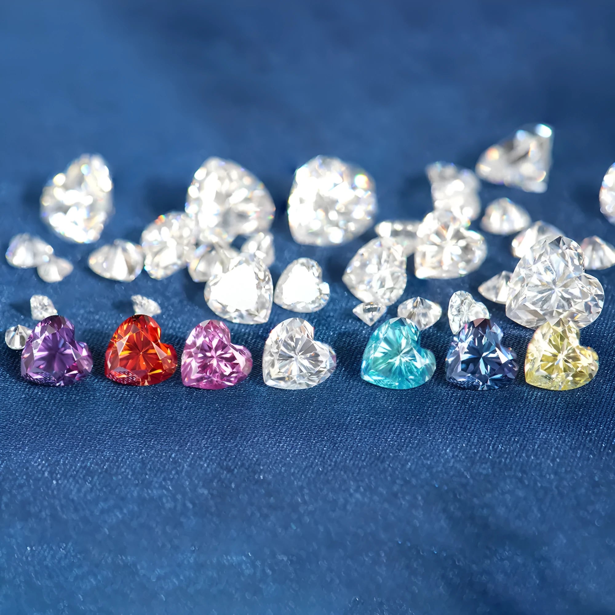 Heart-shaped lemon cut moissanite stone in six colour variations with size comparison