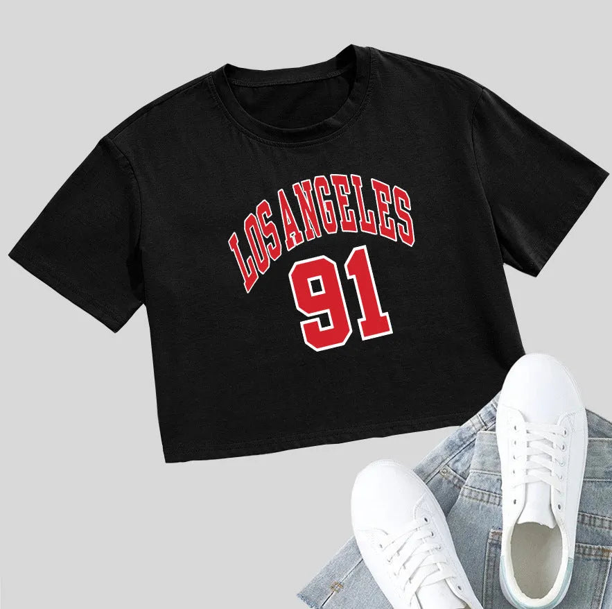 Personalised black cotton T-shirt with white English letters and exposed navel design