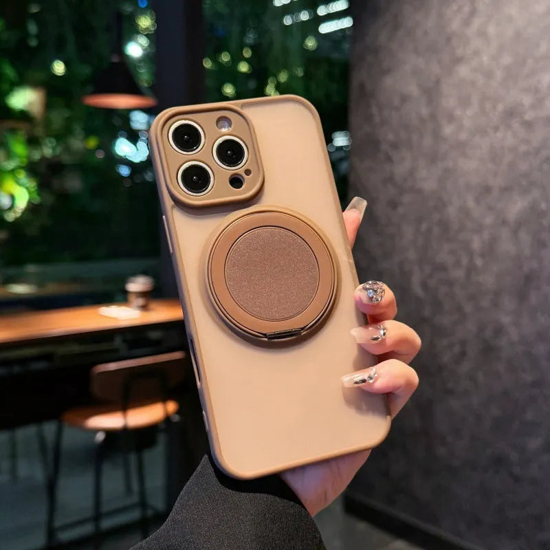 Magnetic suction pivot phone case for iPhone, black colour, with visible stand bracket and frosted finish