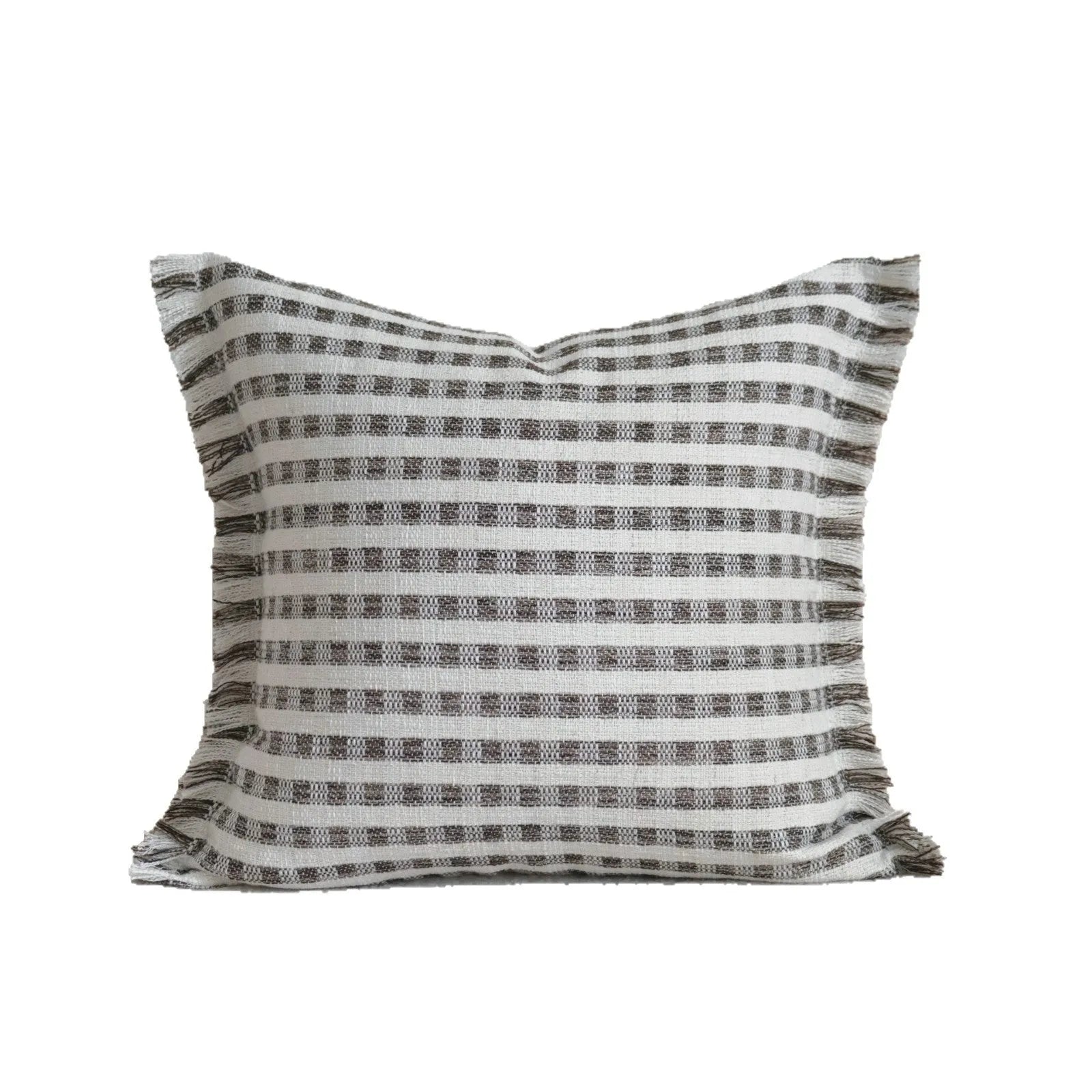 Coffee brown striped mid-century modern lumbar cushion on a grey sofa.