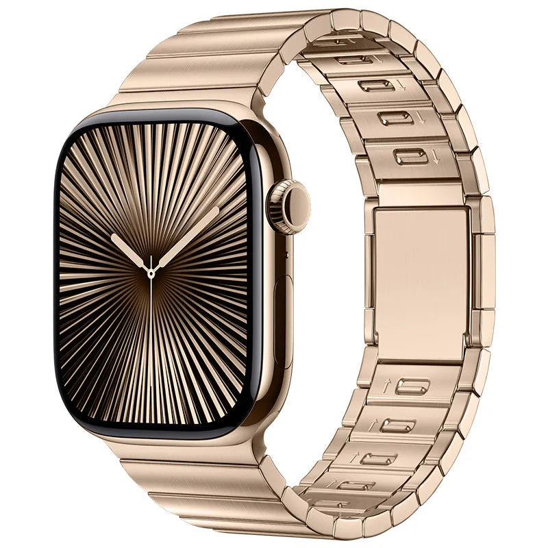 Stainless steel magnetic buckle watch strap for Apple Watch in silver colour on grey background