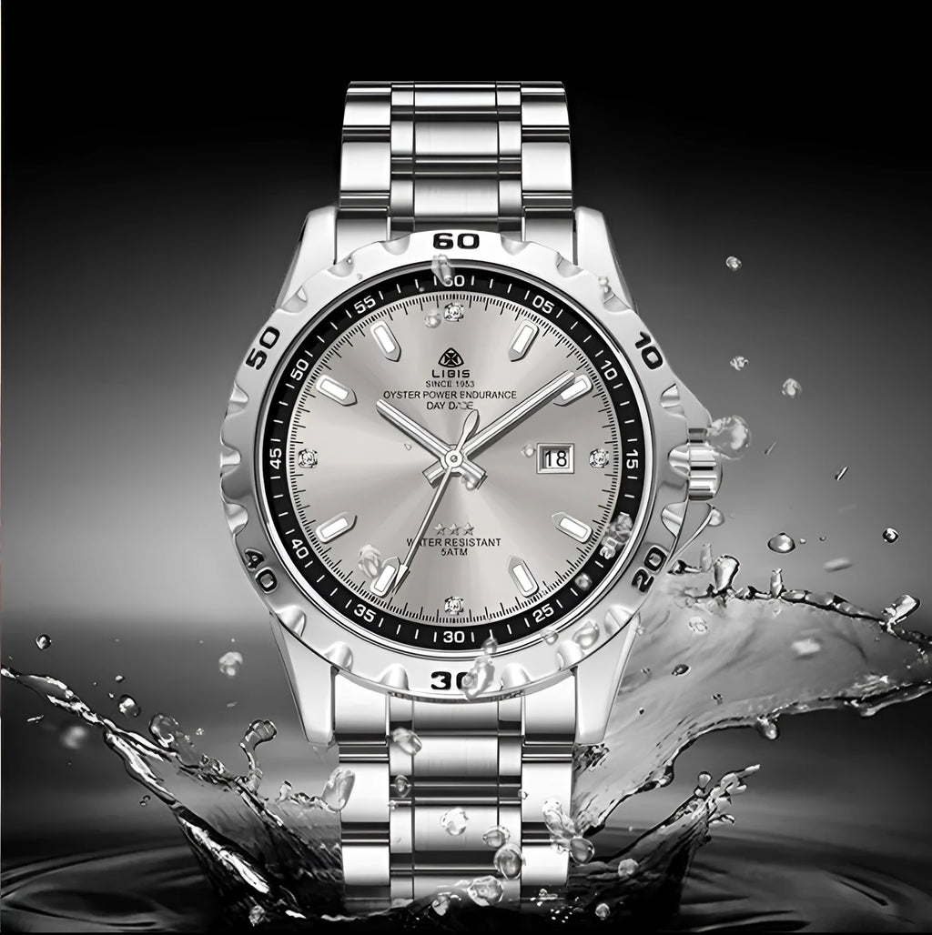 Men's silver stainless steel waterproof watch with luminous hands and sapphire crystal