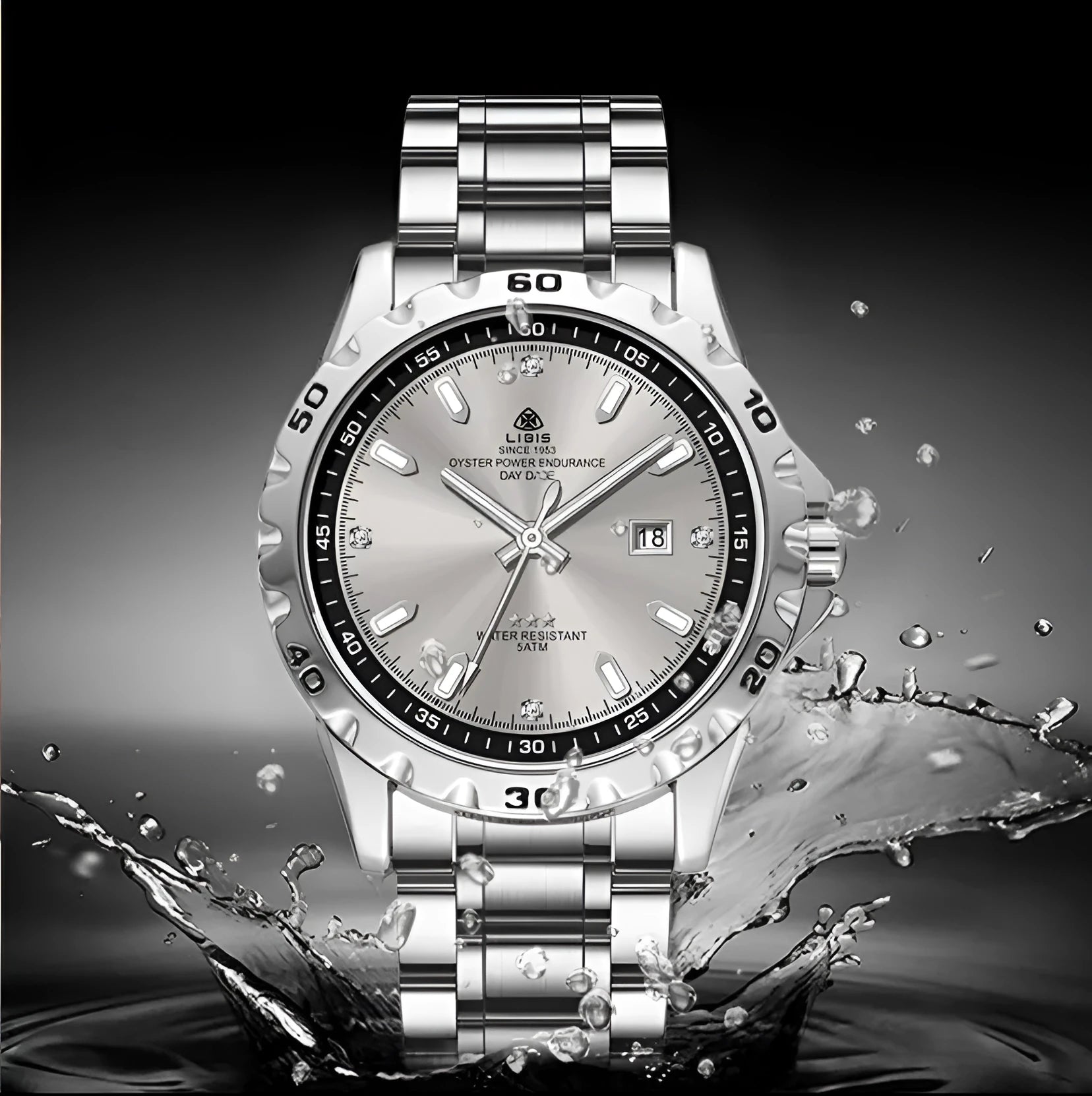 Men's silver stainless steel waterproof watch with luminous hands and sapphire crystal