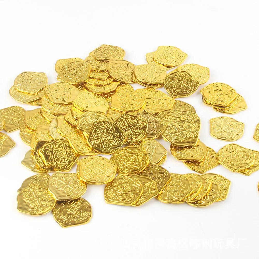 100 plastic Roman coin replicas with electroplated metallic finishes displayed together