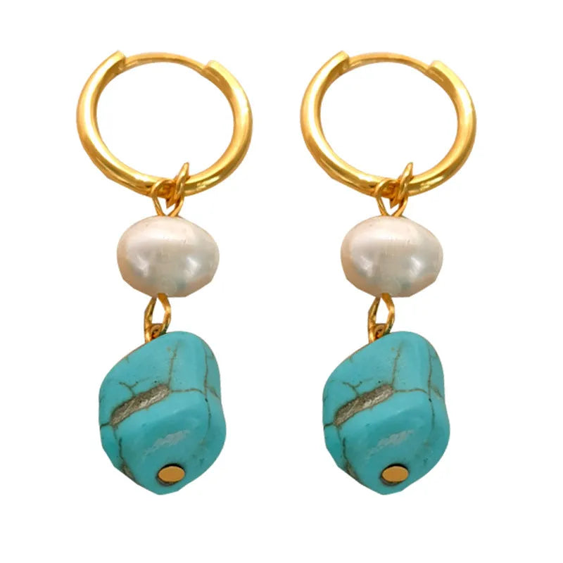 Copper geometric earring set with irregular turquoise stones and cultured pearls, showing both short and dangle drop styles.