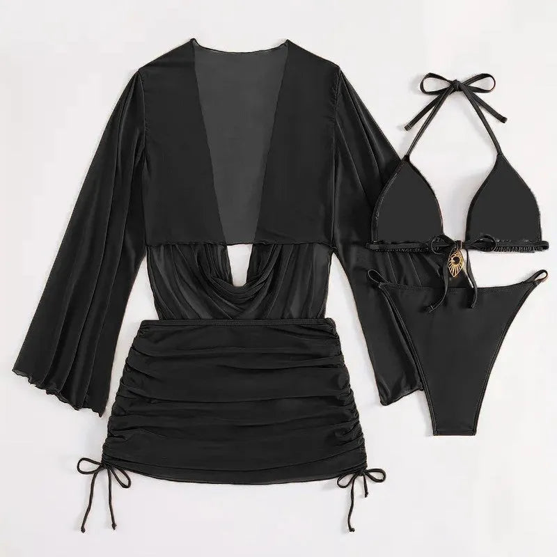 Dark brown women's lace-up bikini swimsuit with backless design on a mannequin.