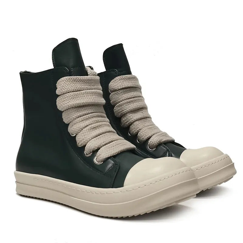 Black high-top leather shoes with a side zip and round toe on a rubber sole.