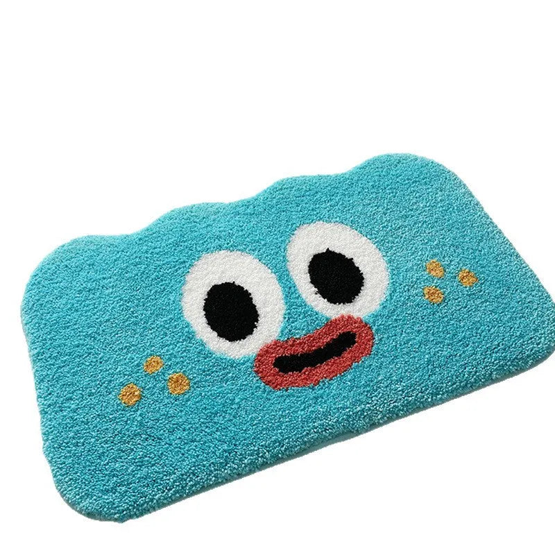 Big Eye Clouds cartoon anime bathroom mat in soft green, shown on a tiled bathroom floor.