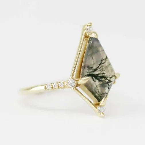 French Entry Lux vintage water plants agate ring quadrilateral silver and gold plating women ring Meidu size
