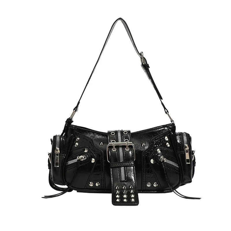 Black retro dumpling-shaped women's handbag with oil wax leather finish and external pockets