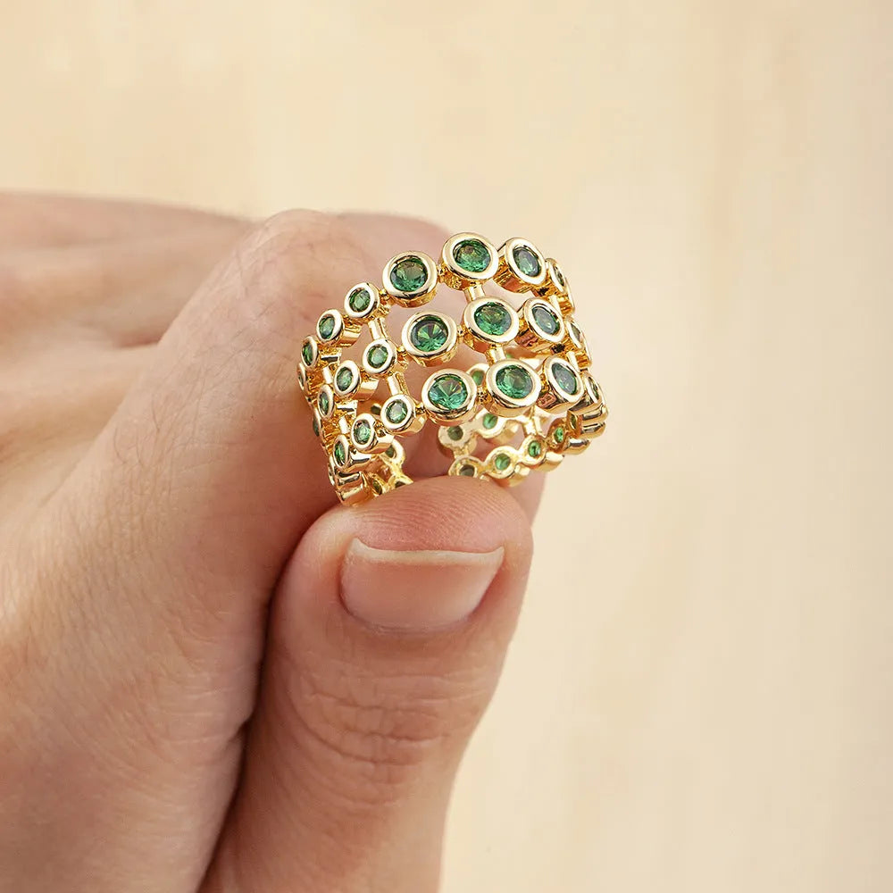 Copper ring with 18K gold plating and green zircon stones in three-layer exaggerated wide design