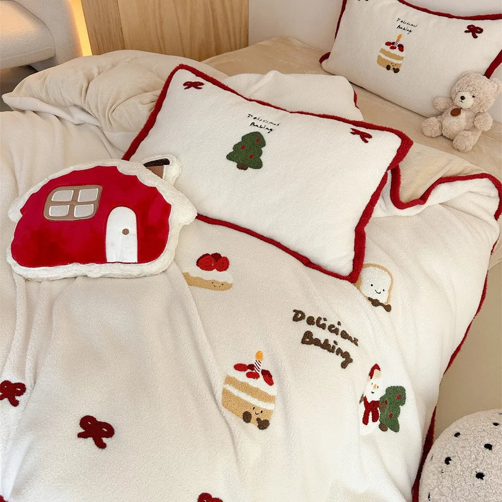 Christmas cartoon bedding four-piece set with xuefu milk pastry pattern on thickened polyester fabric