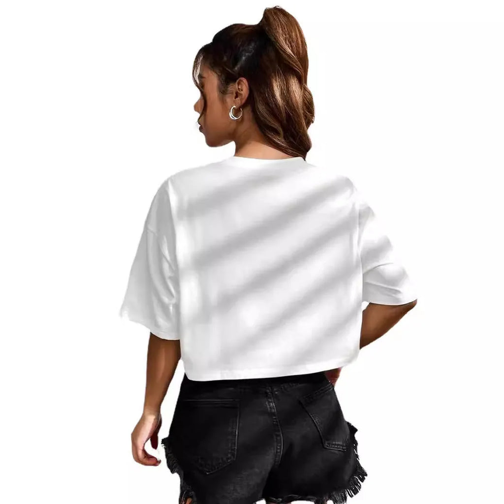 Women's personalised black cotton T-shirt with white English letters, loose fit and exposed navel design.