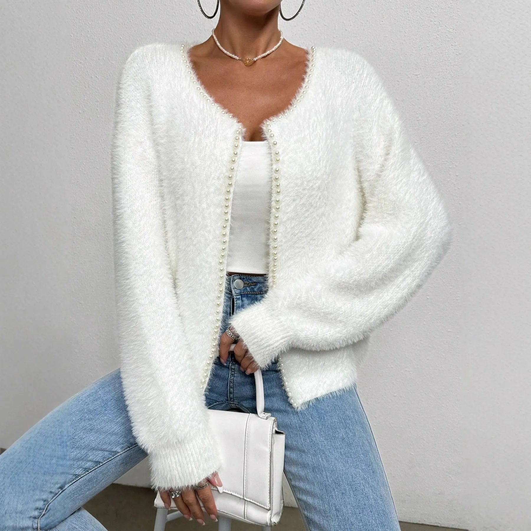 Women's white V-neck cardigan with medium thickness polyester knit fabric