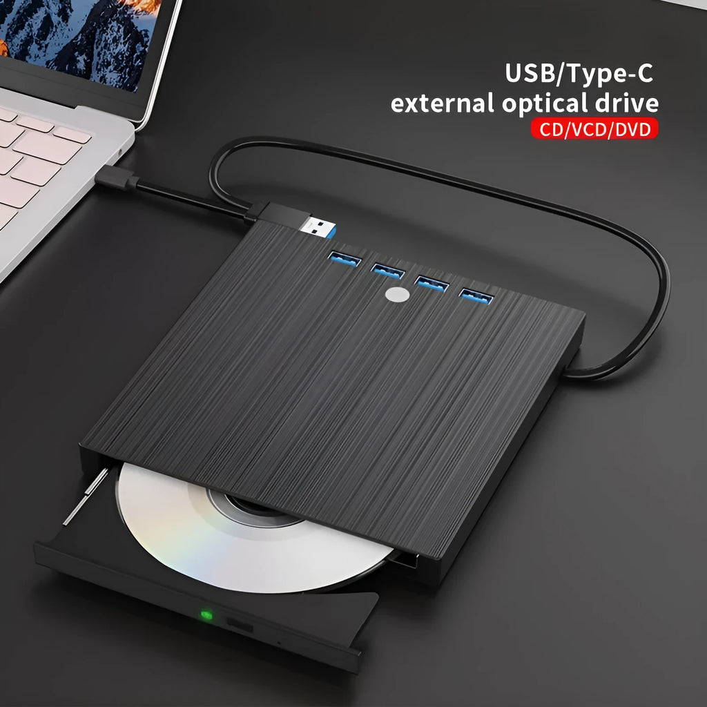 Black external DVD burner with USB and TYPE-C cables, tray loading drive on a desk