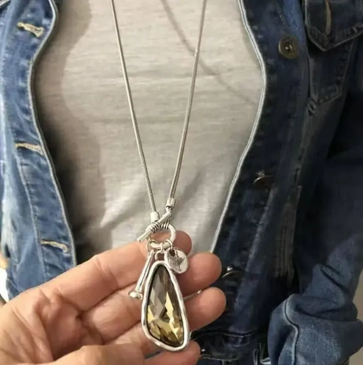 Women's long geometric pendant necklace with plaid pattern on snake bones chain for sweater layering