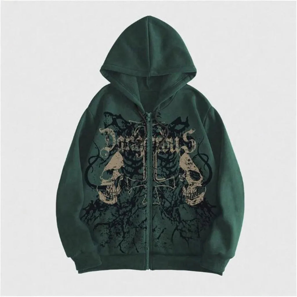 Men's black Harajuku style hooded sweatshirt with skull pattern hot stamping print and long sleeves